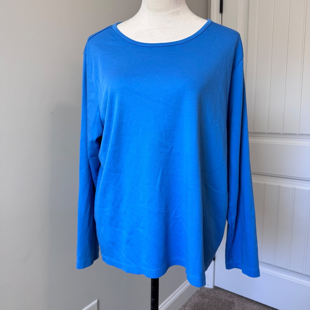 LL Bean Womens 1X Plus Blue Supima Cotton Long Sleeve Tee Shirt 207239